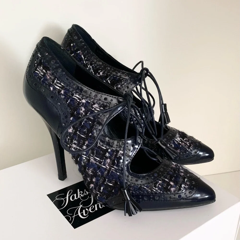 Tory Burch tweed tassel lace up oxford heels